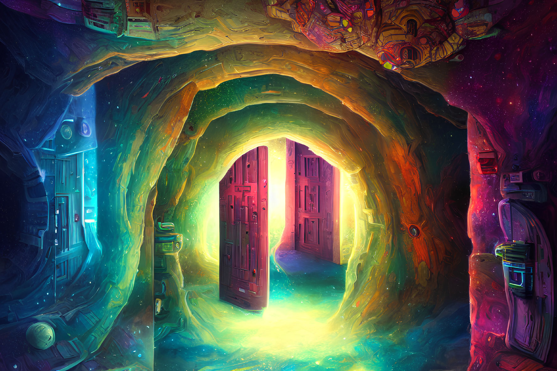 Fantastical glowing cave with mystical doorway and floating objects