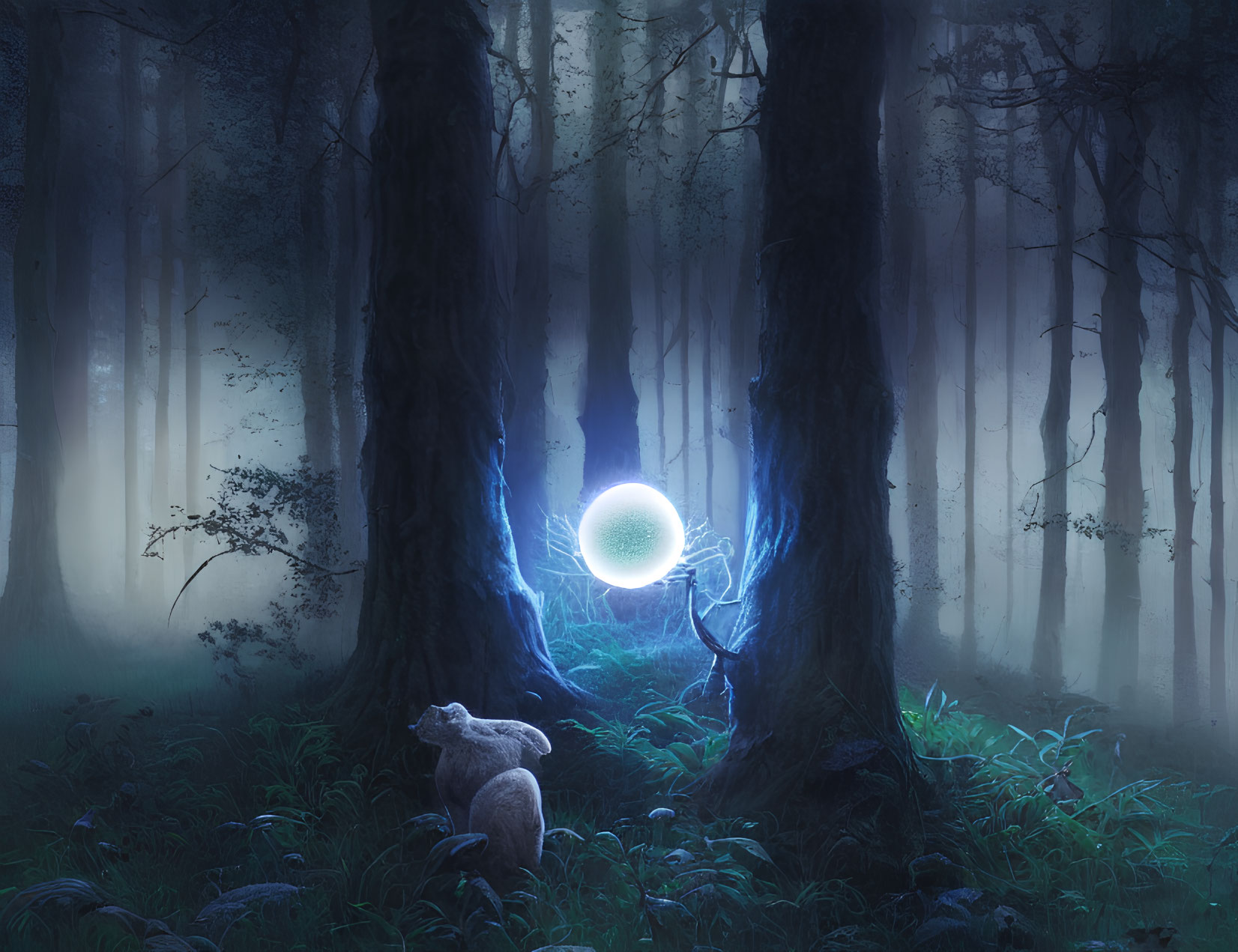 Mystical forest night scene with glowing orb, trees, and wolf in foggy backdrop