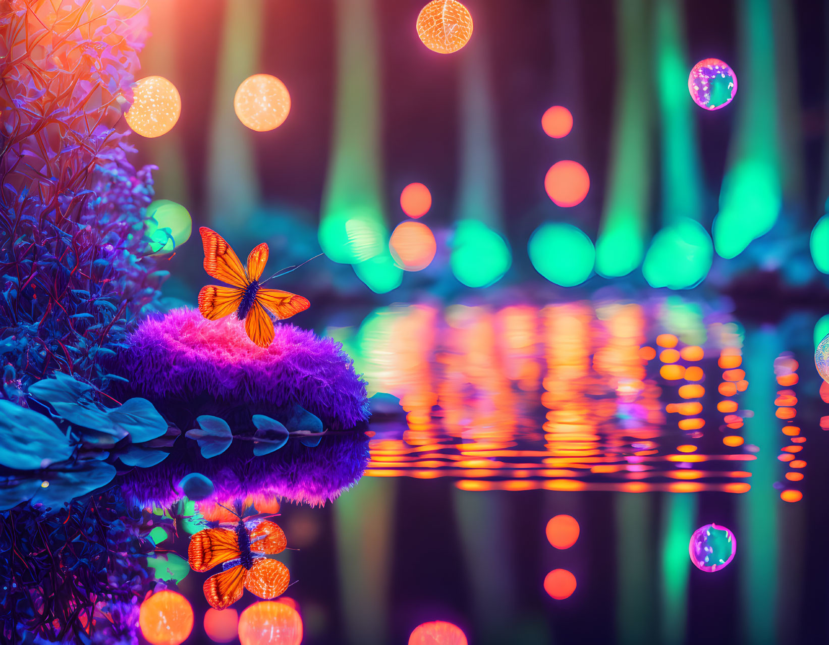 Colorful Butterfly on Purple Foliage Reflecting in Water with Neon Lights
