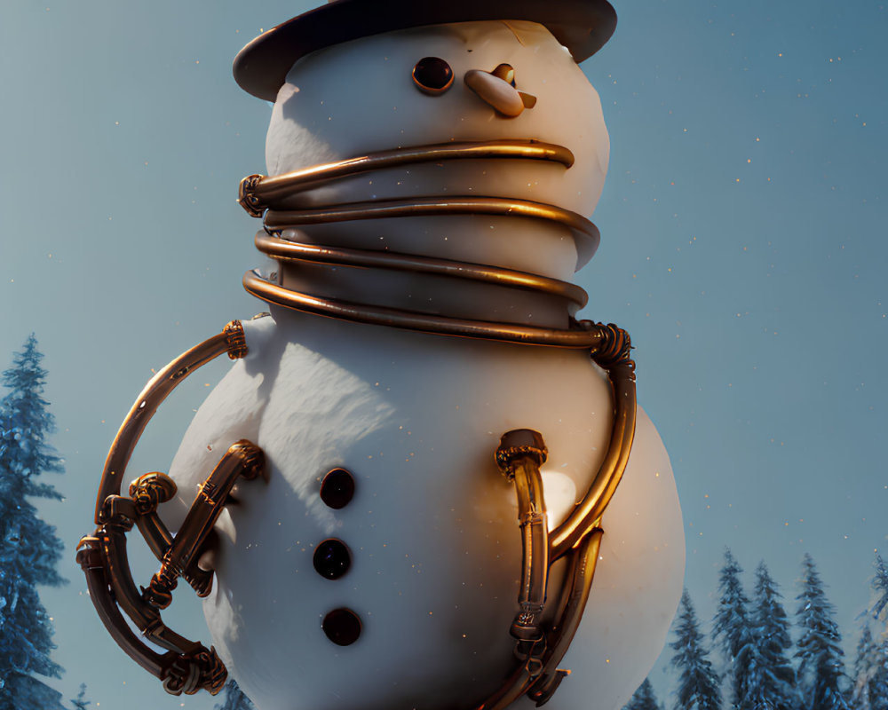 Snowman with top hat wrapped in glowing copper wire in snowy forest.