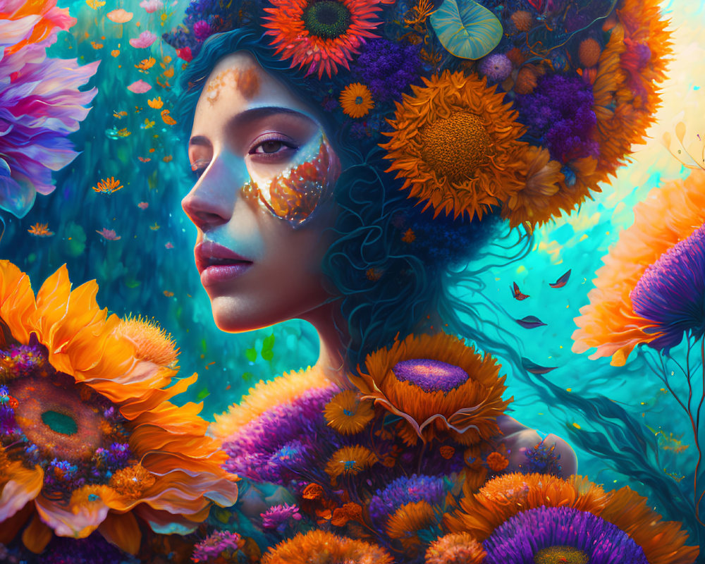 Vibrant flowers blend seamlessly with woman's face in surreal portrait