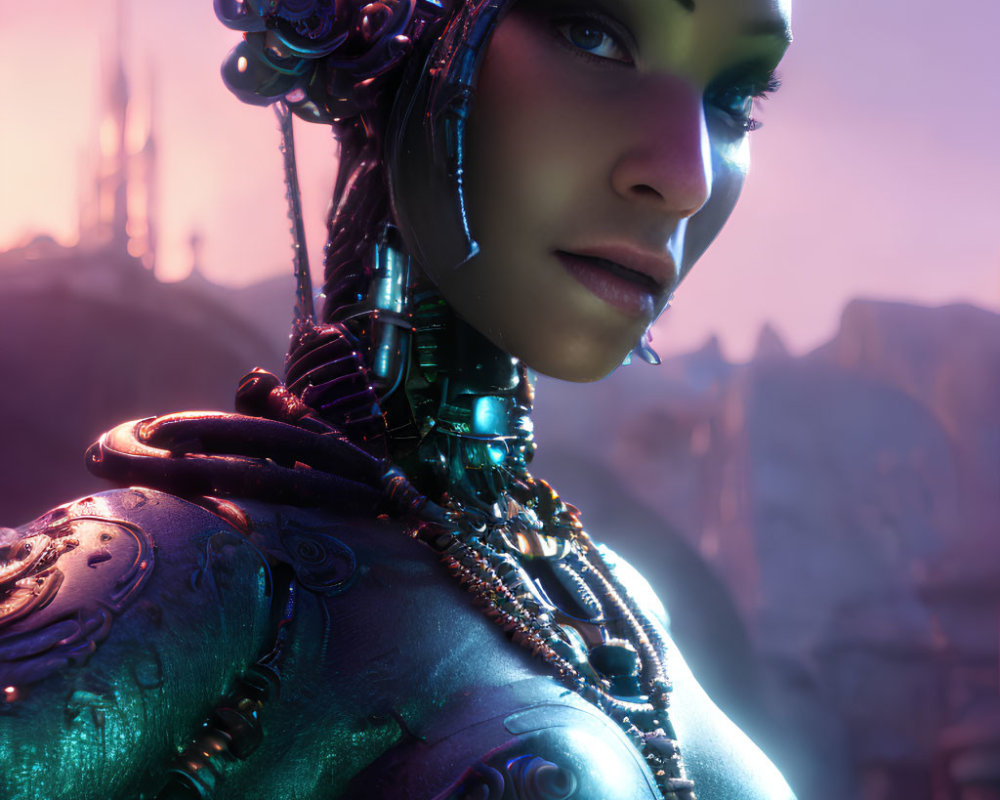 Detailed Female Cyborg with Glowing Blue Mechanical Parts in Futuristic Setting