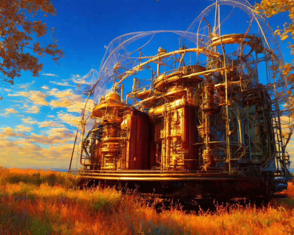 Steampunk structure with copper tanks against vivid autumn sky