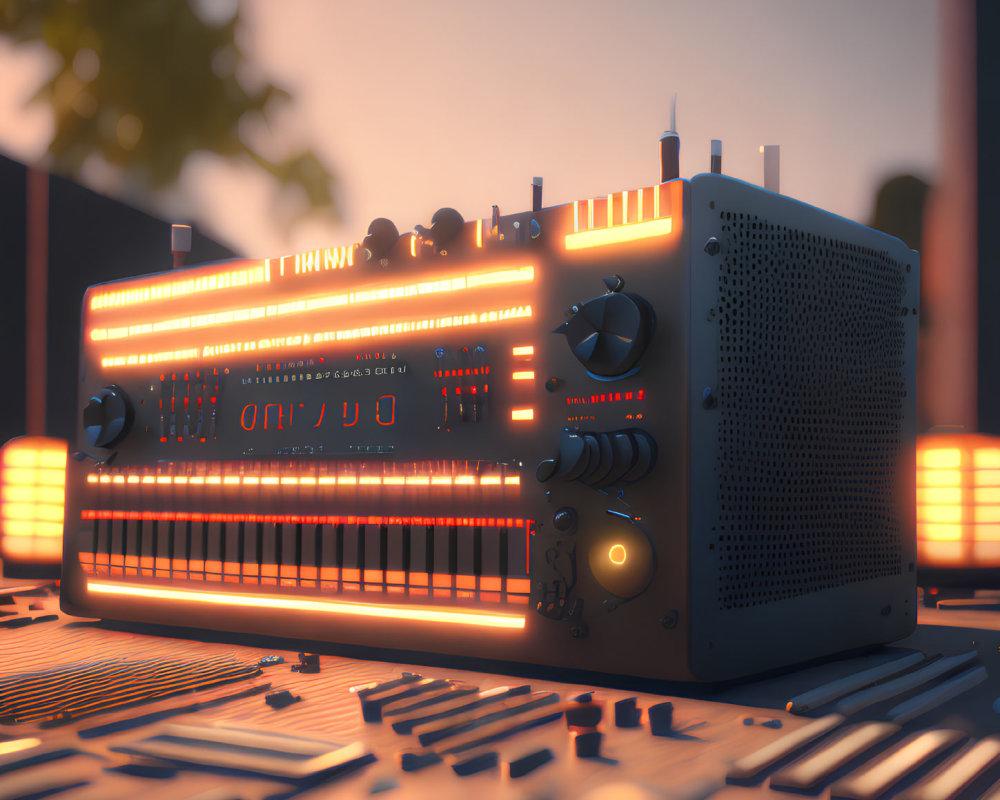 Vintage Radio with Glowing Orange Frequency Bars at Twilight
