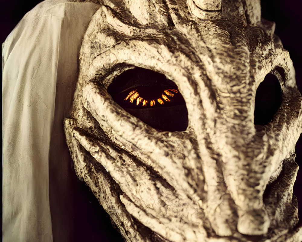 Detailed Dragon Mask with Orange Eyes and Horn, White Cloak on Dark Background