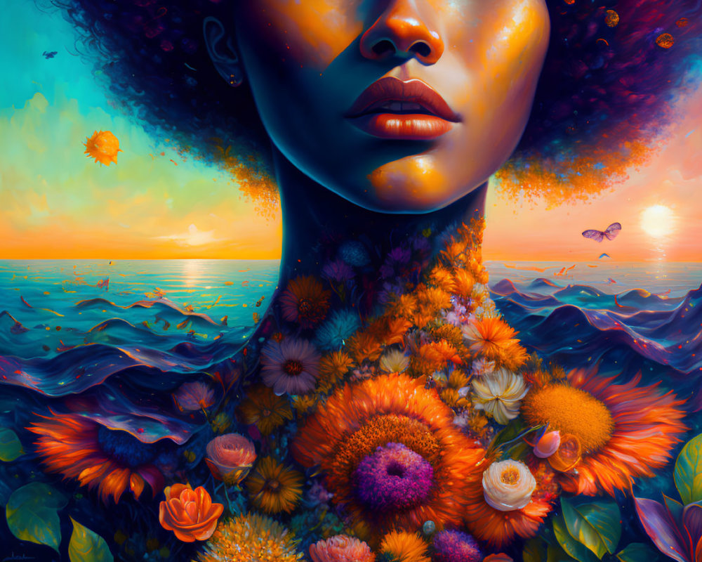 Colorful portrait blending woman with floral motif and sunset seascape.