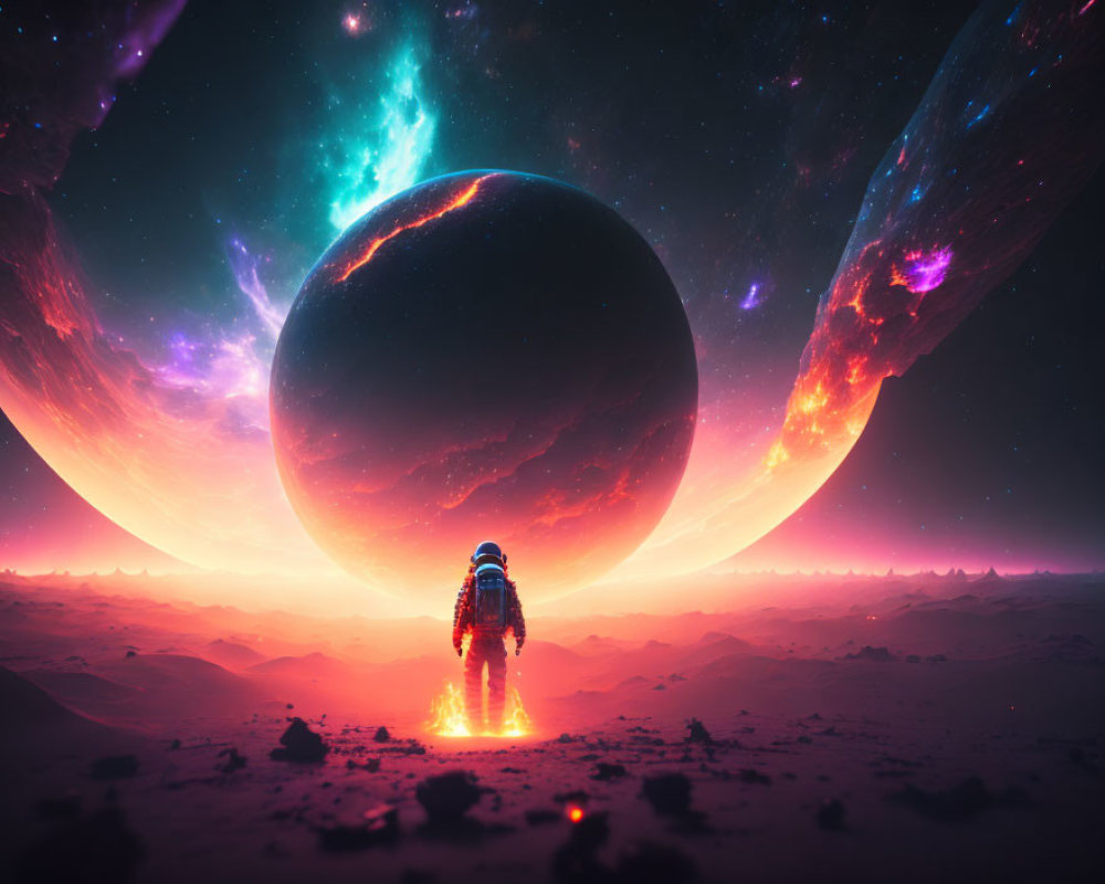 Astronaut exploring alien landscape with large planet and colorful nebulae in sky