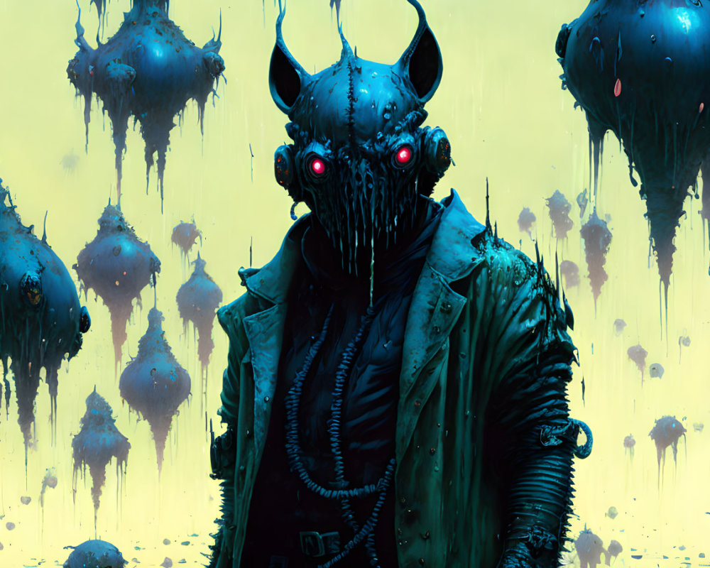 Sinister character with glowing red eyes and insect-like antennae in coat, against dark backdrop with dripping
