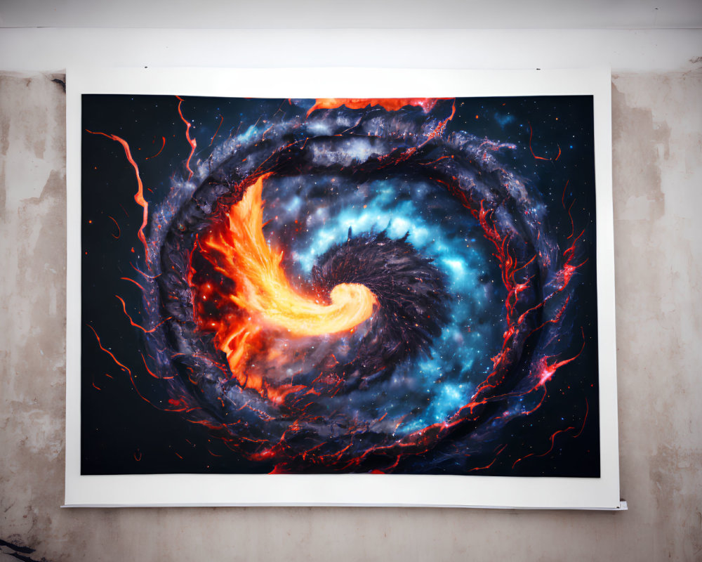 Colorful Orange and Blue Spiral Galaxy Painting Displayed on Wall