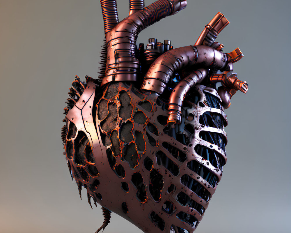 Intricate 3D-rendered mechanical heart with organic-industrial fusion