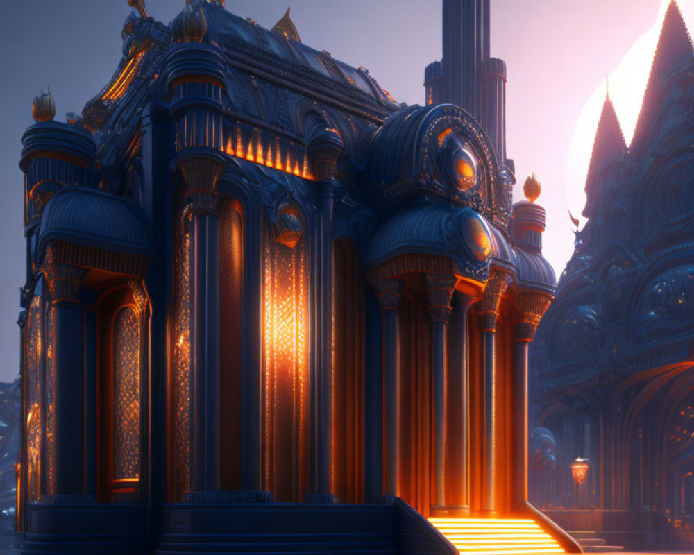 Fantastical blue and gold architecture in warm light