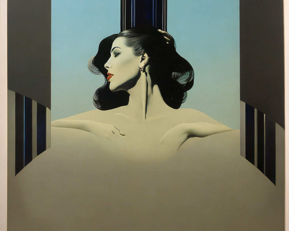 Art Deco portrait of a woman with dark hair and bare shoulders on geometric background