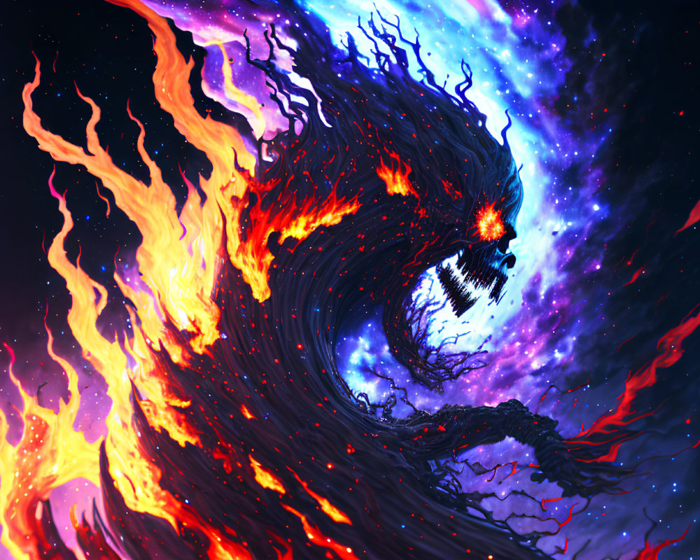 Fiery dragon with swirling flames and cosmic backdrop