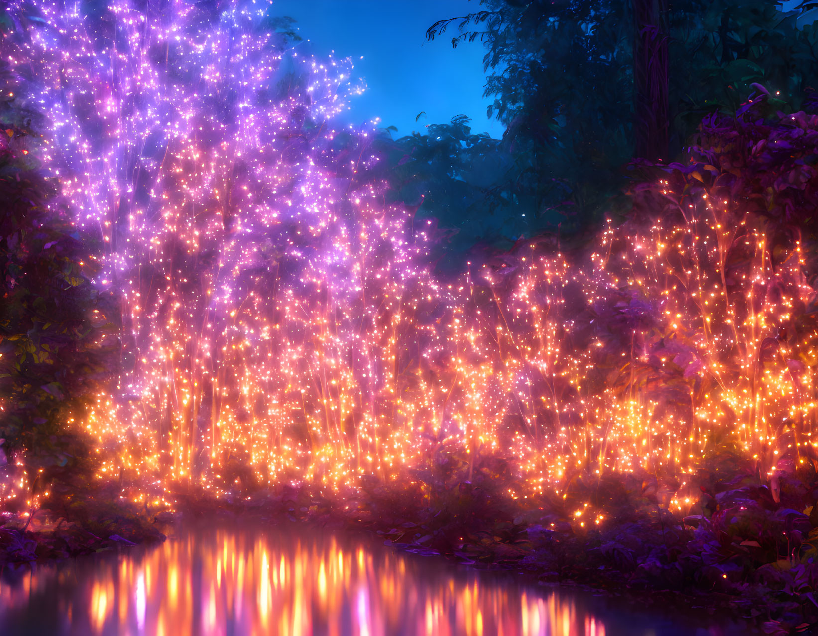 Vibrant Purple and Orange Fairy Lights in Enchanted Forest Glade