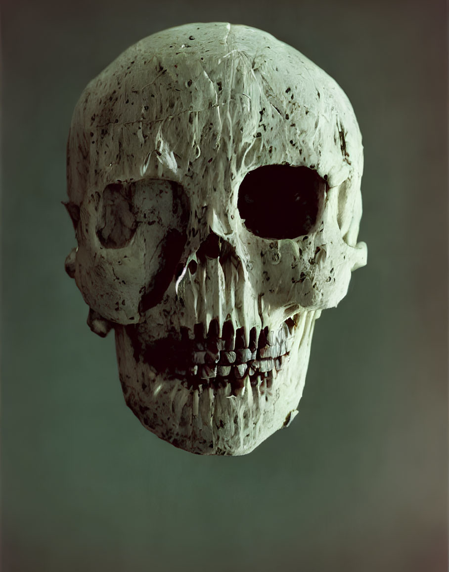 Eerie textured human skull on dark background