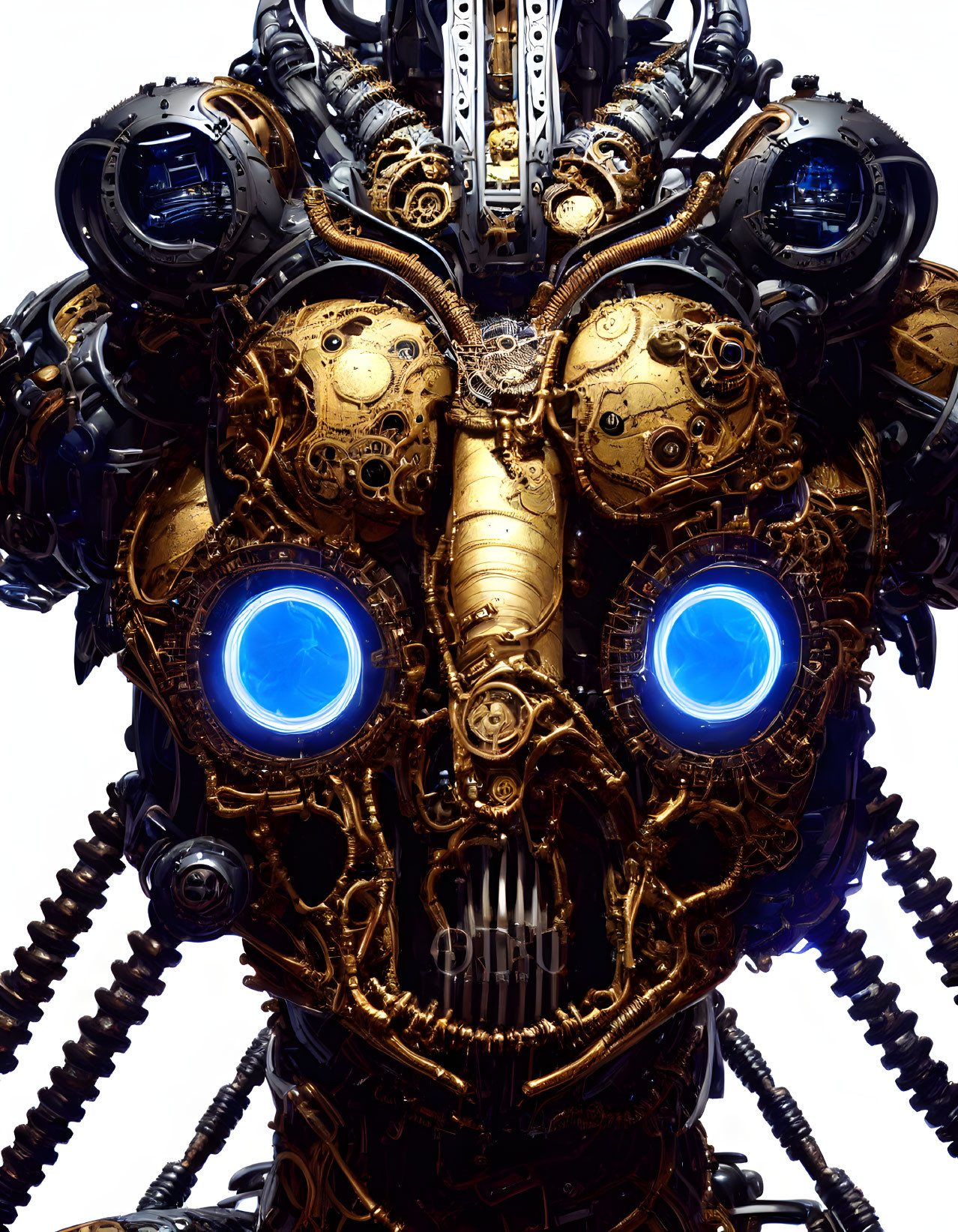 Detailed Mechanical Torso with Golden Gears and Glowing Blue Eyes on White Background