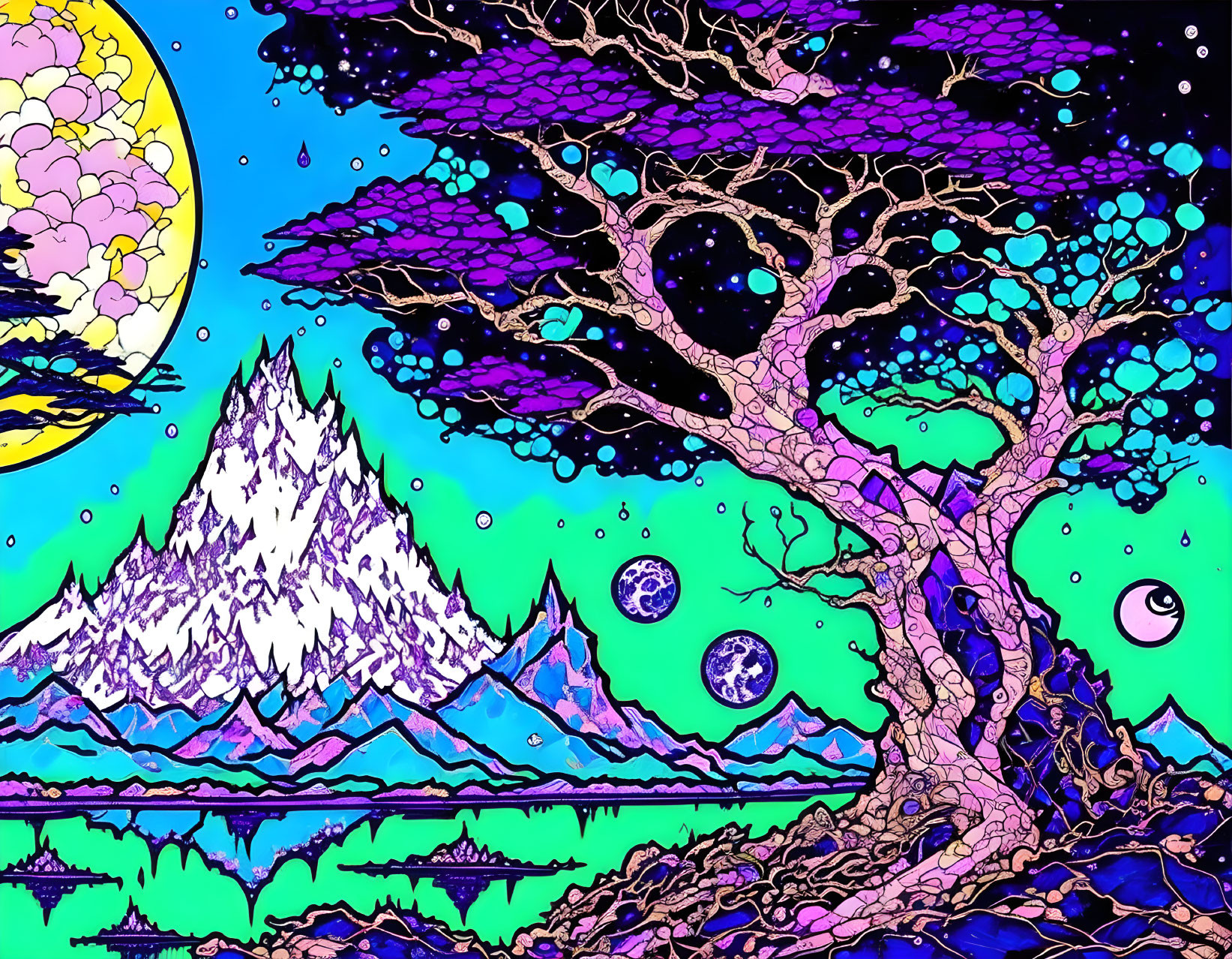 Colorful Psychedelic Tree Illustration with Mountain Range and Moon