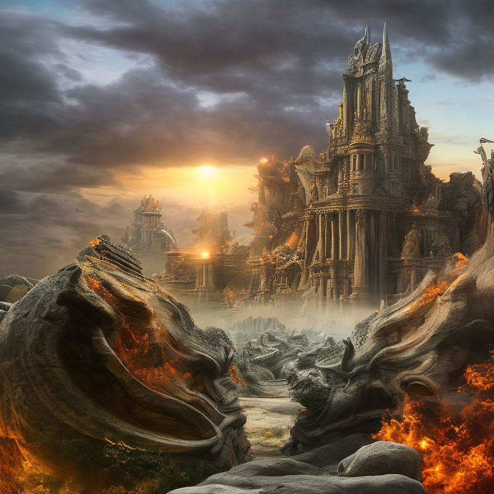 Fantasy scene: Ancient castle, dragon statues, setting sun, lava hints