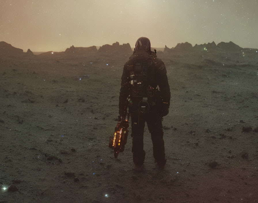 Futuristic figure in alien landscape with glowing weapon