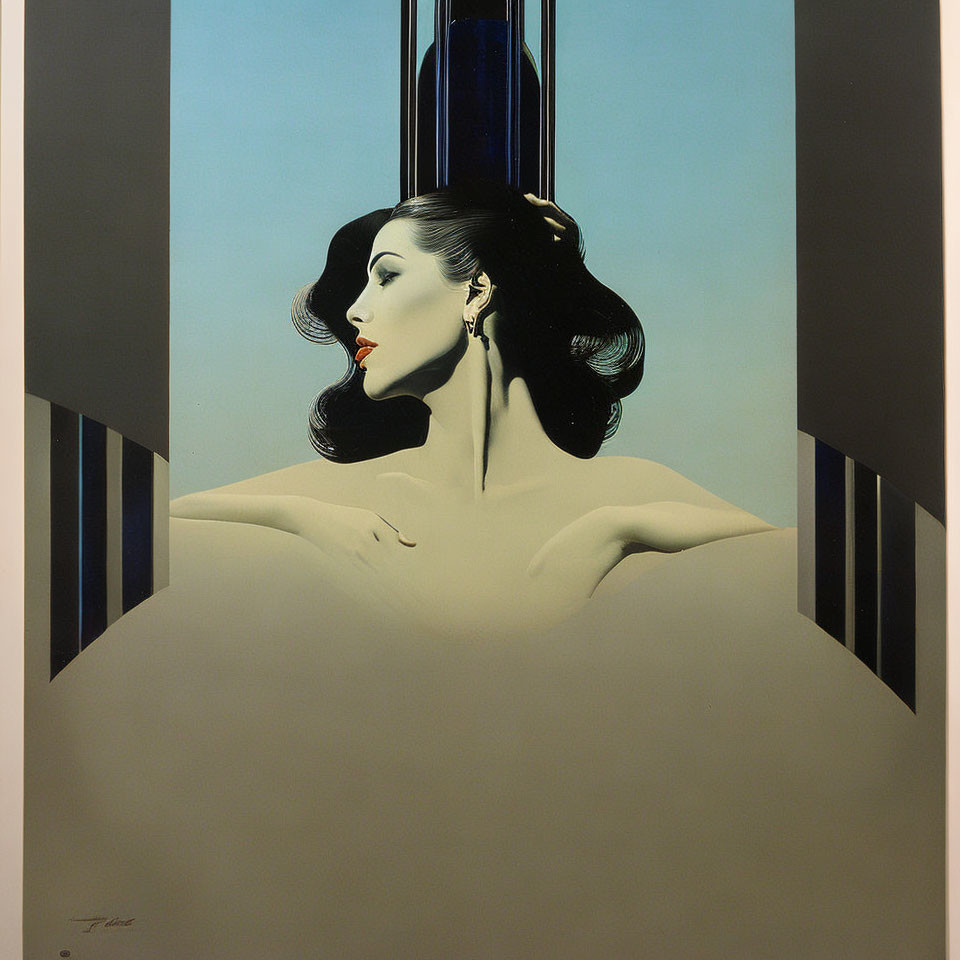 Art Deco portrait of a woman with dark hair and bare shoulders on geometric background