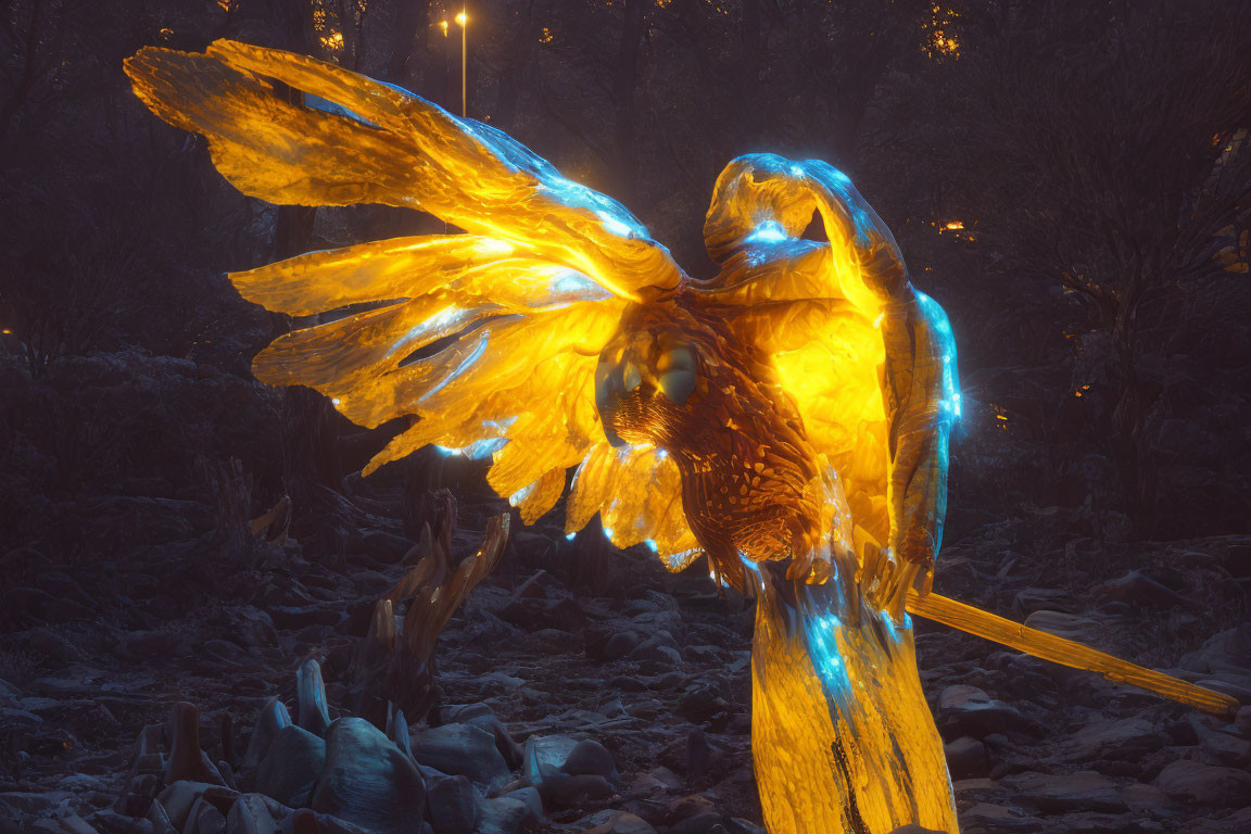 Golden Owl Glowing in Mystical Forest at Night