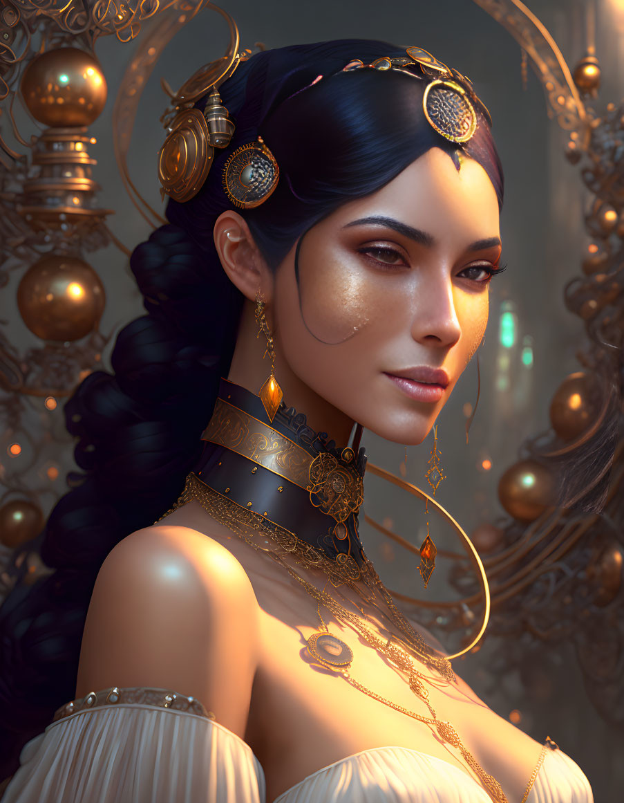 Dark-haired woman in elaborate gold jewelry gazes amid glowing orbs