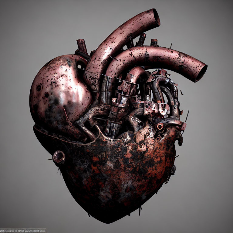 Mechanical heart with metallic textures and rust in 3D render