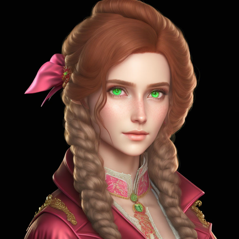 3D illustration of woman with green eyes and ginger braided hair in red and gold outfit