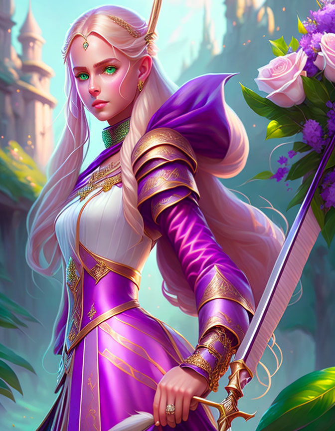 Elven warrior in purple and gold armor in lush garden setting