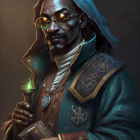 Stylized portrait of man with braids in green attire and sunglasses