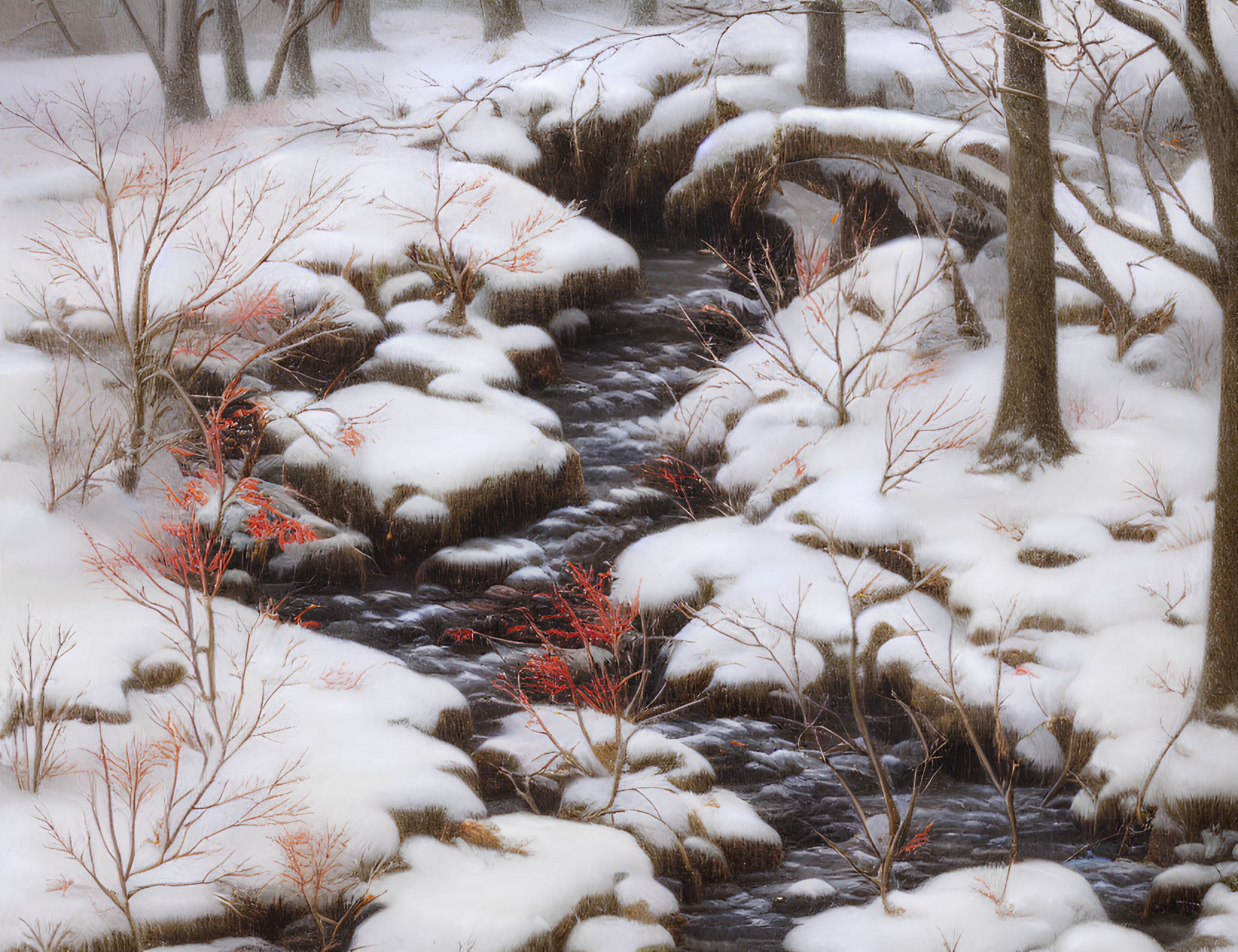 Snow-covered landscape with meandering stream and red-leafed bushes