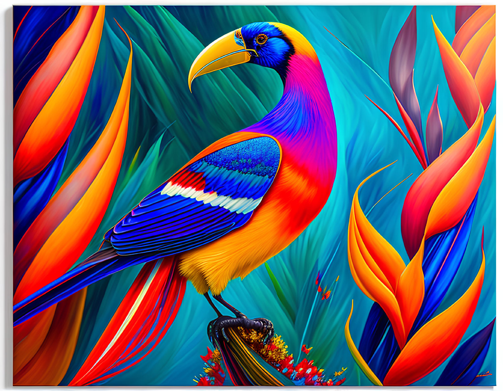 Colorful Bird Illustration with Large Beak and Tropical Foliage