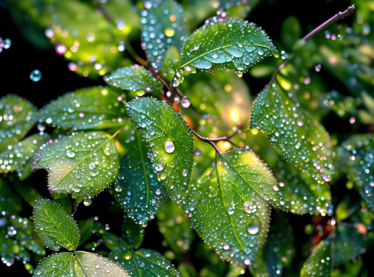 Fresh Green Leaves Sparkling with Water Droplets