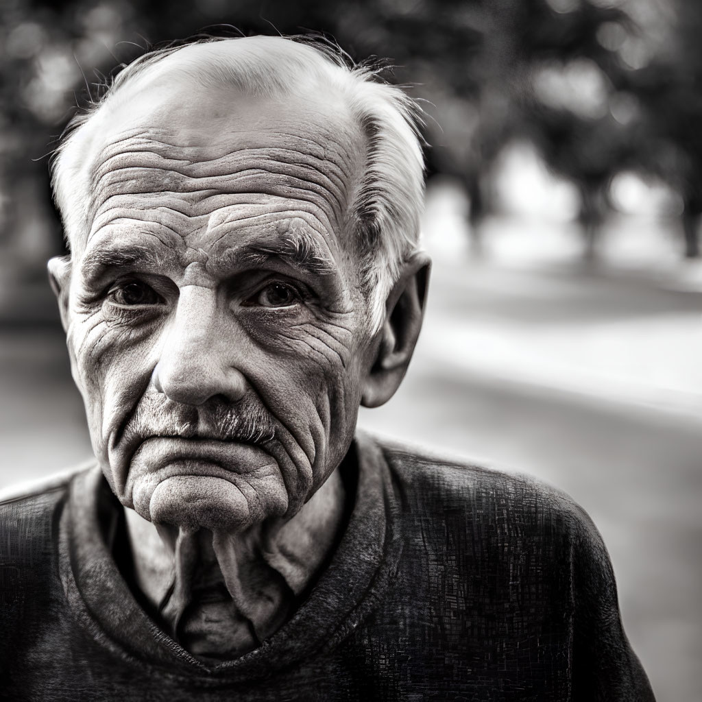 Elderly Man Portrait with Deep Wrinkles Outdoors
