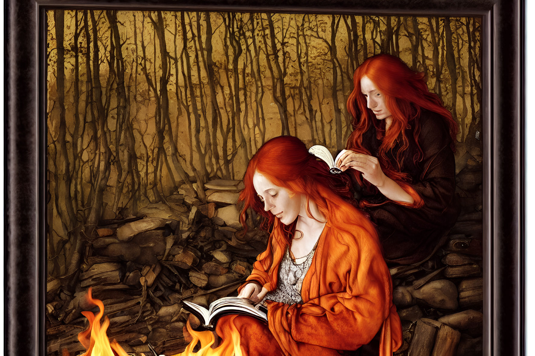 Two red-haired individuals in autumnal forest setting with fire and hair braiding, dark border.