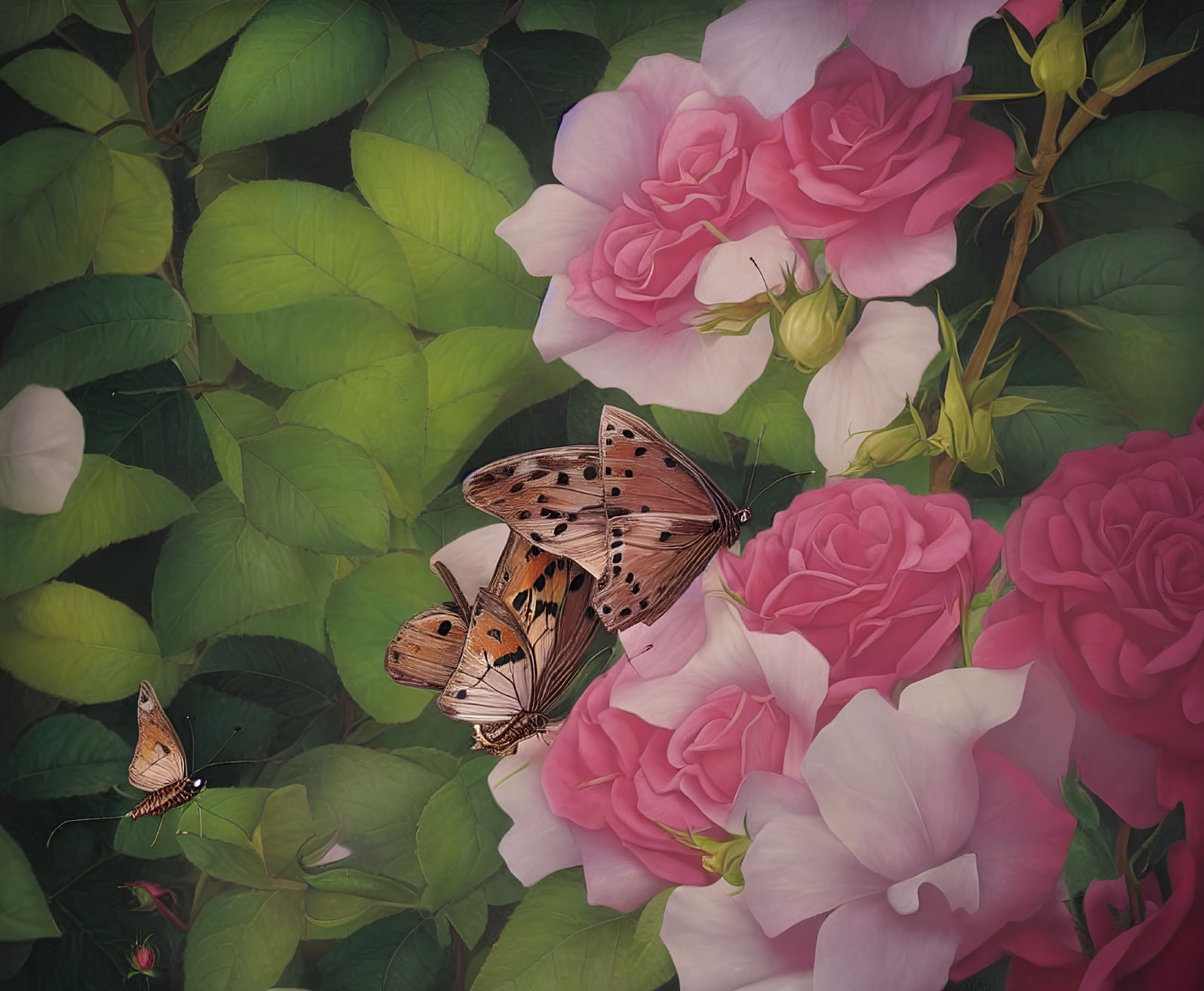 Pink roses, green leaves, and butterflies on dark background