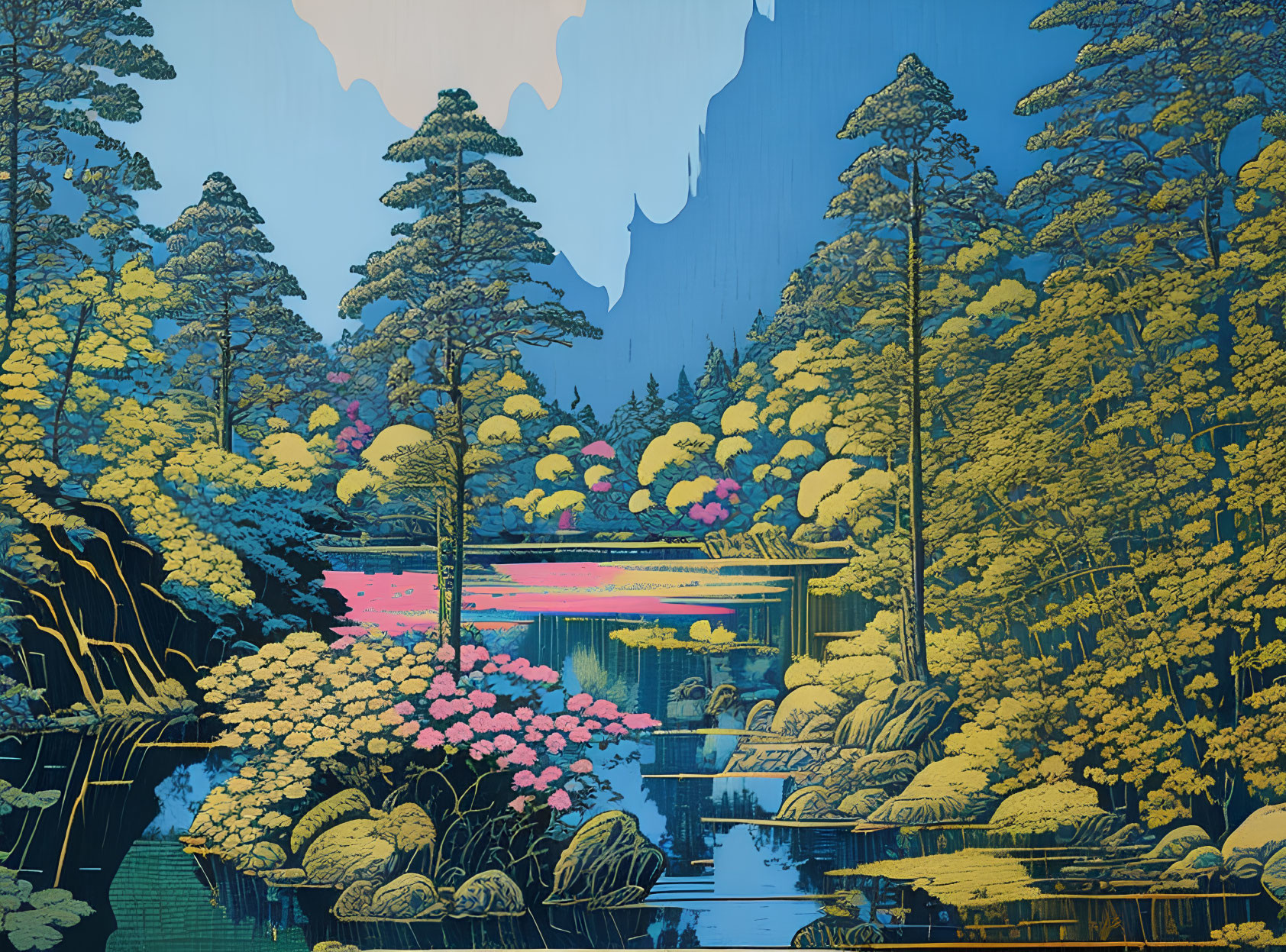 Stylized digital landscape with vibrant forest and pink water reflections