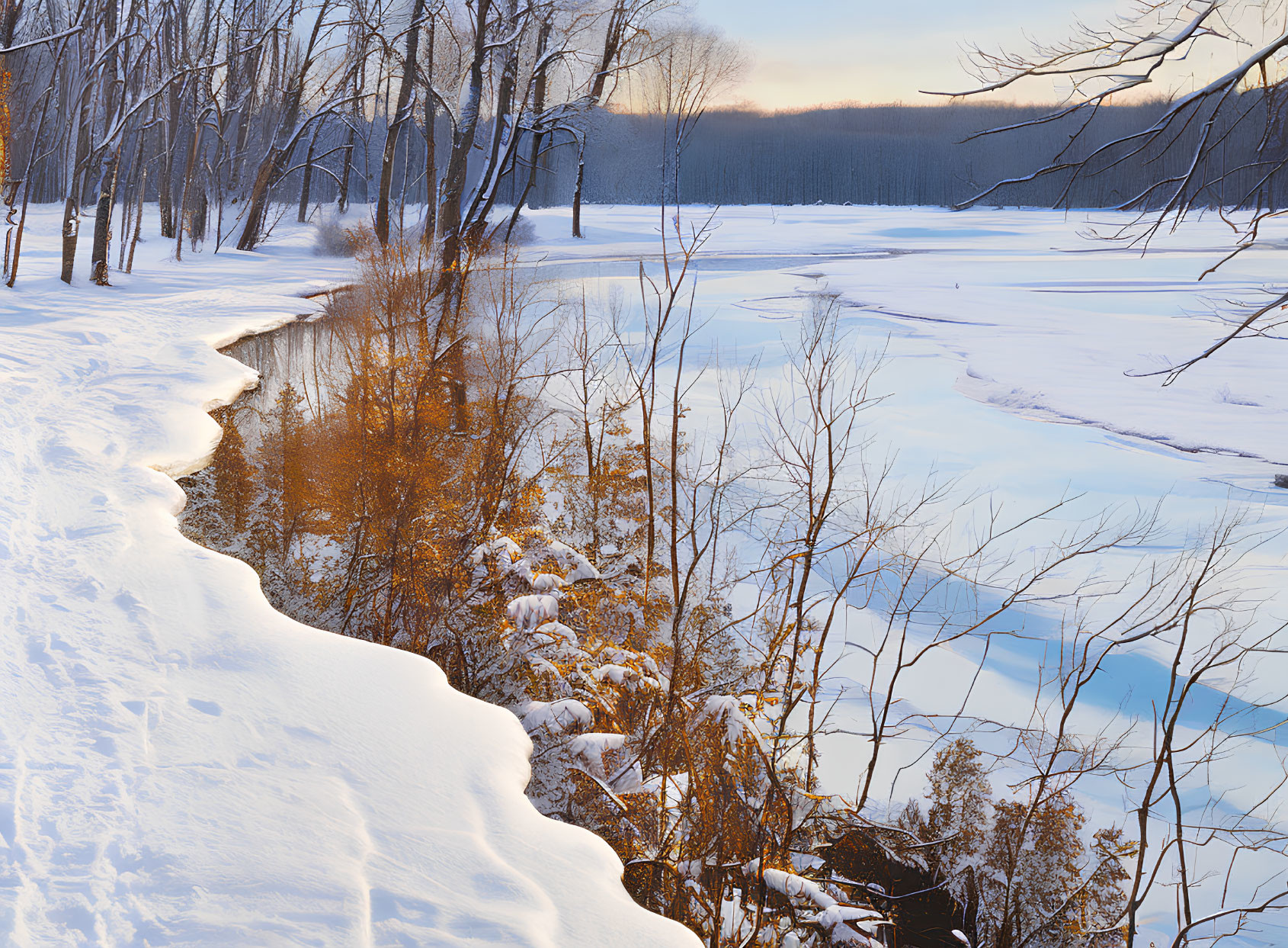Snow-covered Riverbank with Bare Trees and Golden Shrubs in Winter Sunset