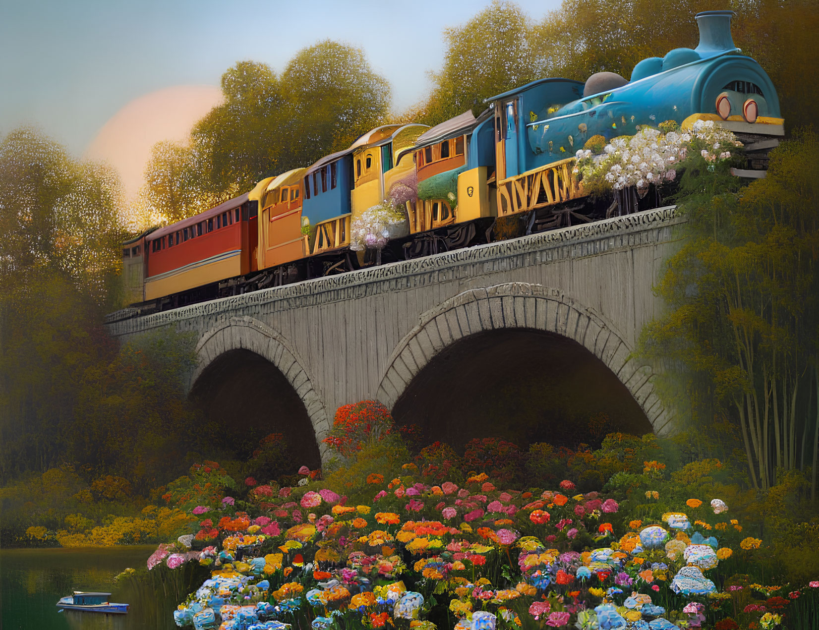 Vintage Train Crossing Stone Bridge Over River with Vibrant Flowers