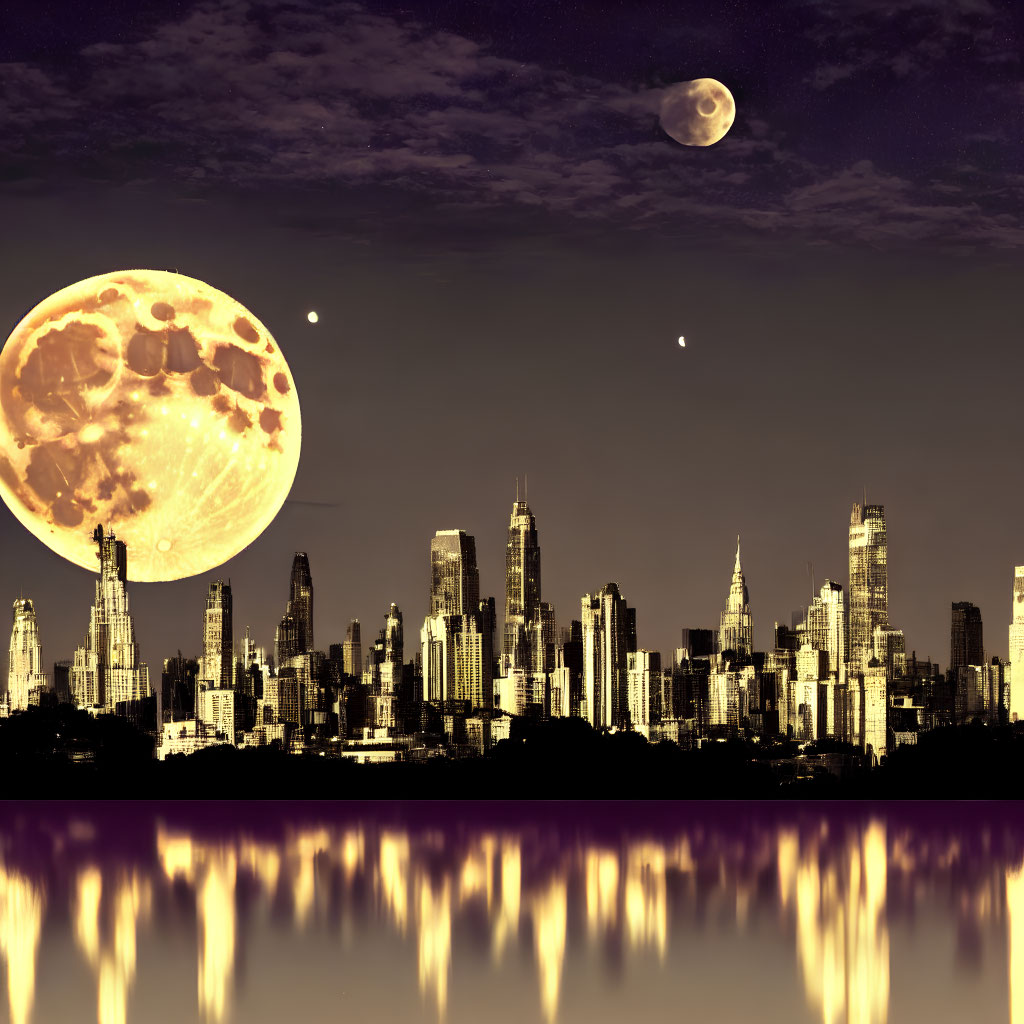 Surreal cityscape at night with oversized moon and planet reflected in water