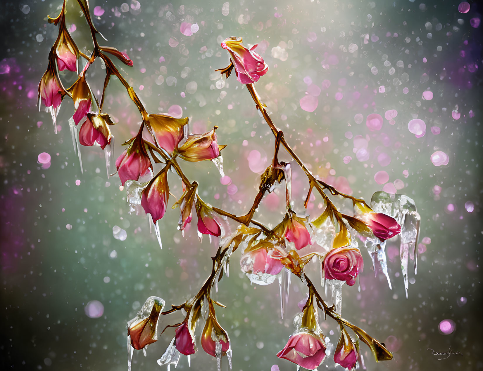 Digital Art: Branch with Pink Flowers Frozen in Ice on Bokeh Background