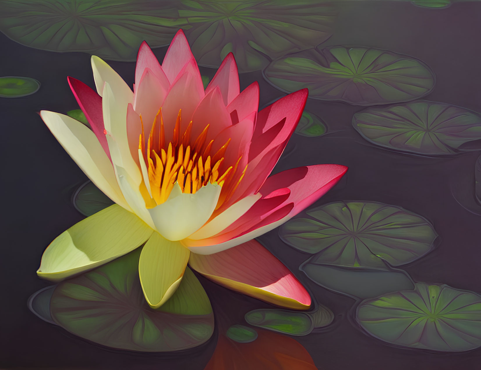 Colorful Pink and Yellow Water Lily with Reflection and Green Lily Pads on Dark Water