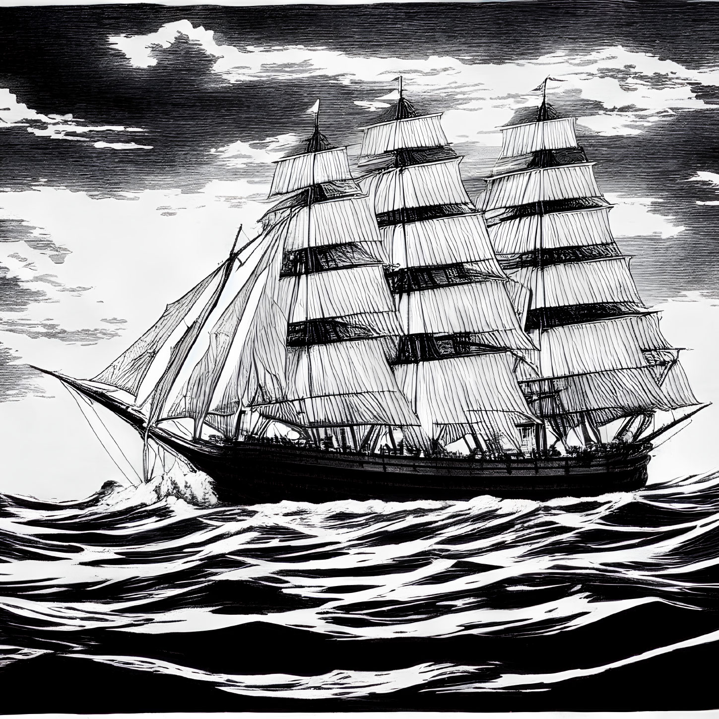 Detailed black and white tall ship illustration on wavy seas with cloudy sky