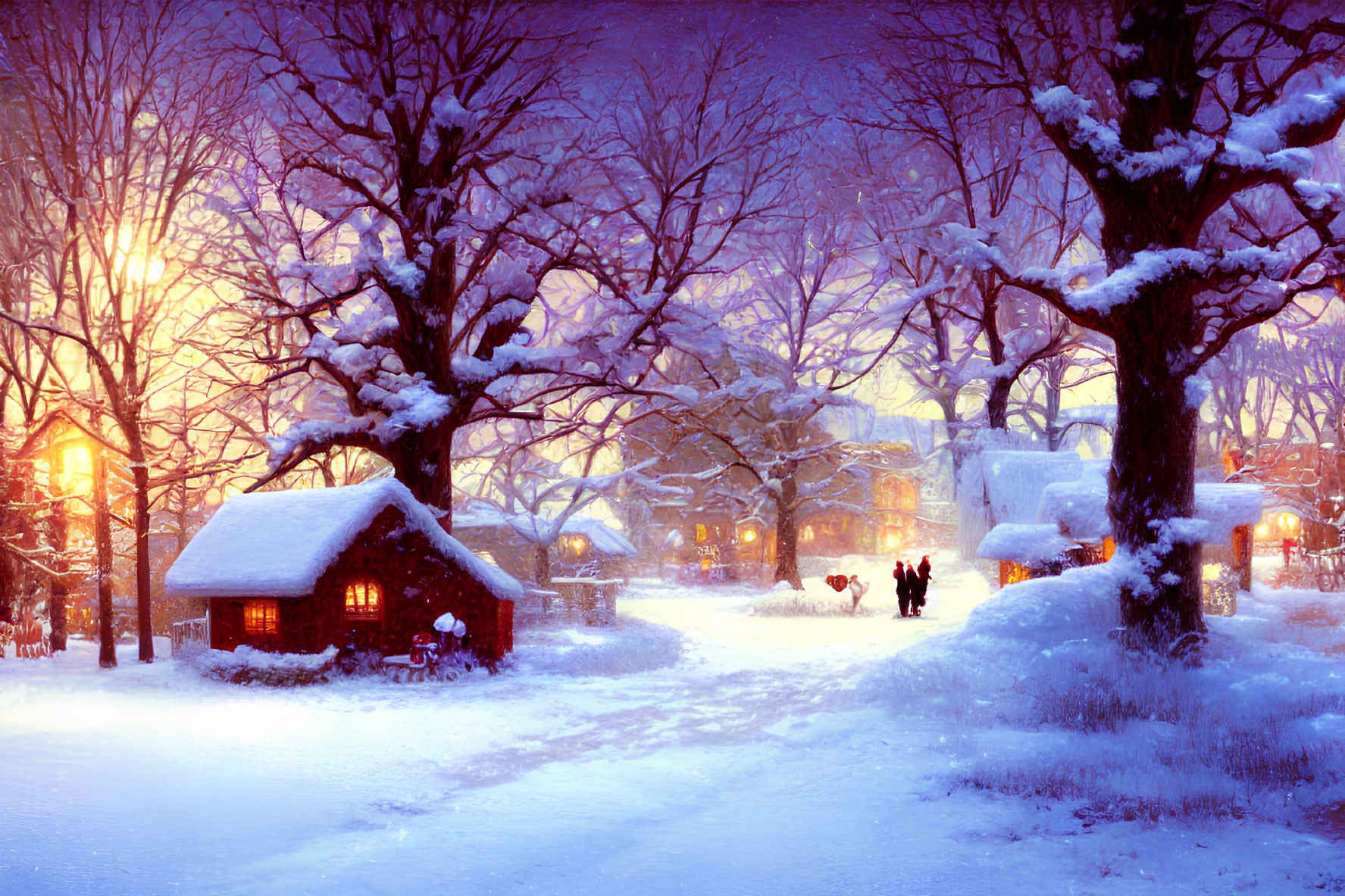 Snowy evening with warm light, cottages, bare trees, and people walking.