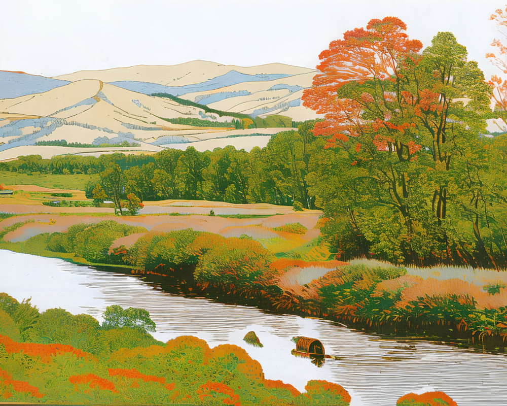 Serene landscape illustration with river, bridge, foliage, and hills
