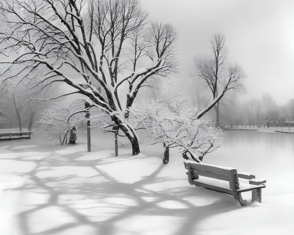 Snow-covered trees and bench in serene winter scene by frozen lake