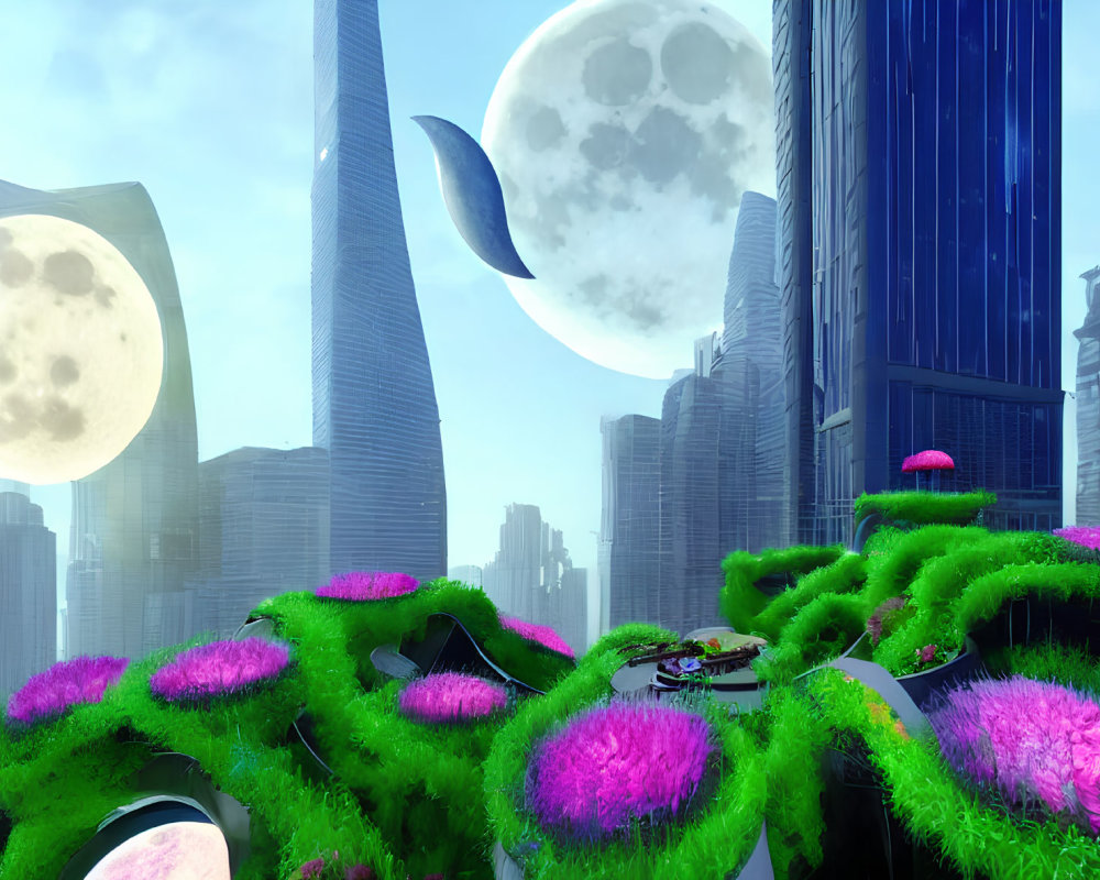 Futuristic cityscape with greenery, pink flora, skyscrapers, and multiple moons.