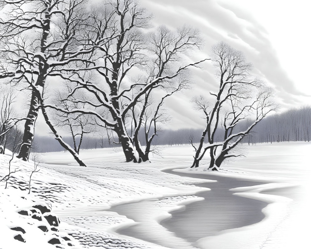 Snowy Winter Landscape with Leafless Trees and Frozen Creek