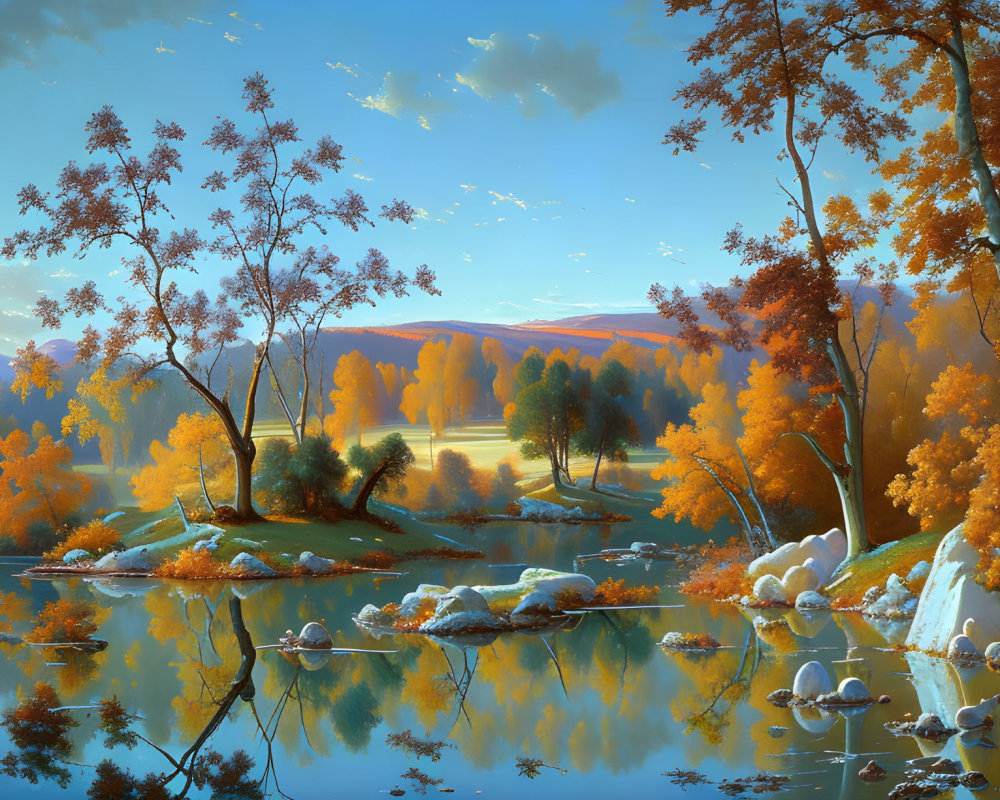 Tranquil autumn scene: golden foliage, serene lake, distant hills, blue sky