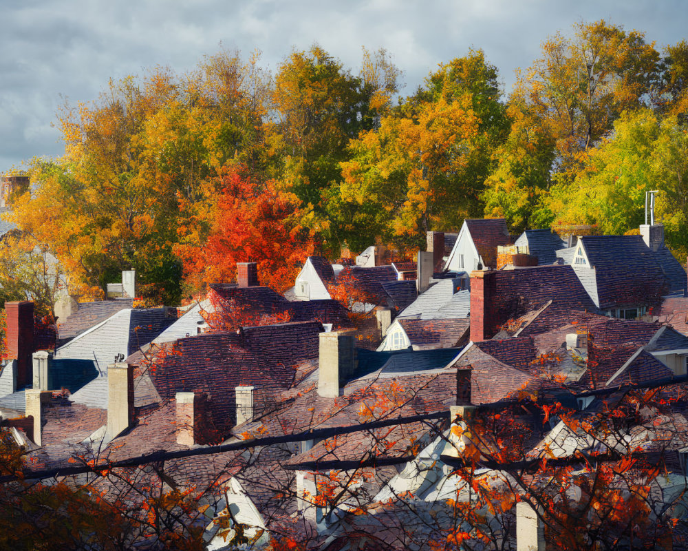 Colorful Autumn Foliage in Quaint Neighborhood Rooftop View